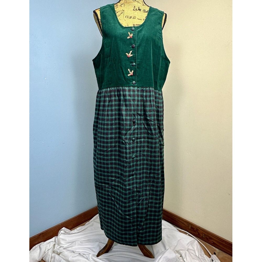 Vtg 90s Y2K Susan Bristol Corduroy Patchwork‎ Tartan Flannel Pinafore 14 Holiday